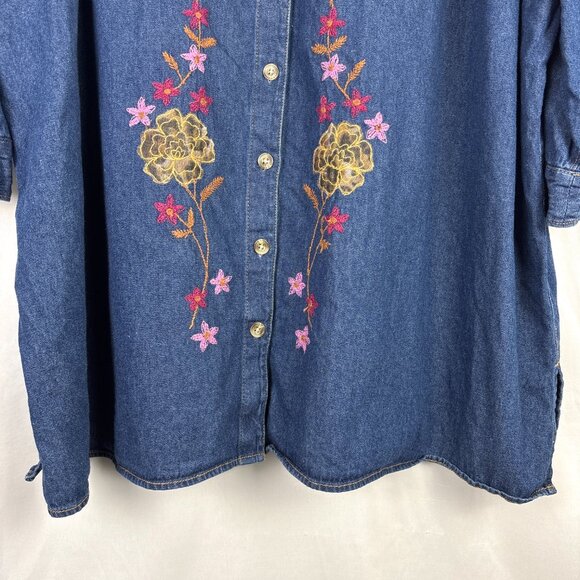 Liz & Me Embroidered Denim‎ Button-Up Top Women's 4X Floral Western Boho Shirt - Picture 4 of 16